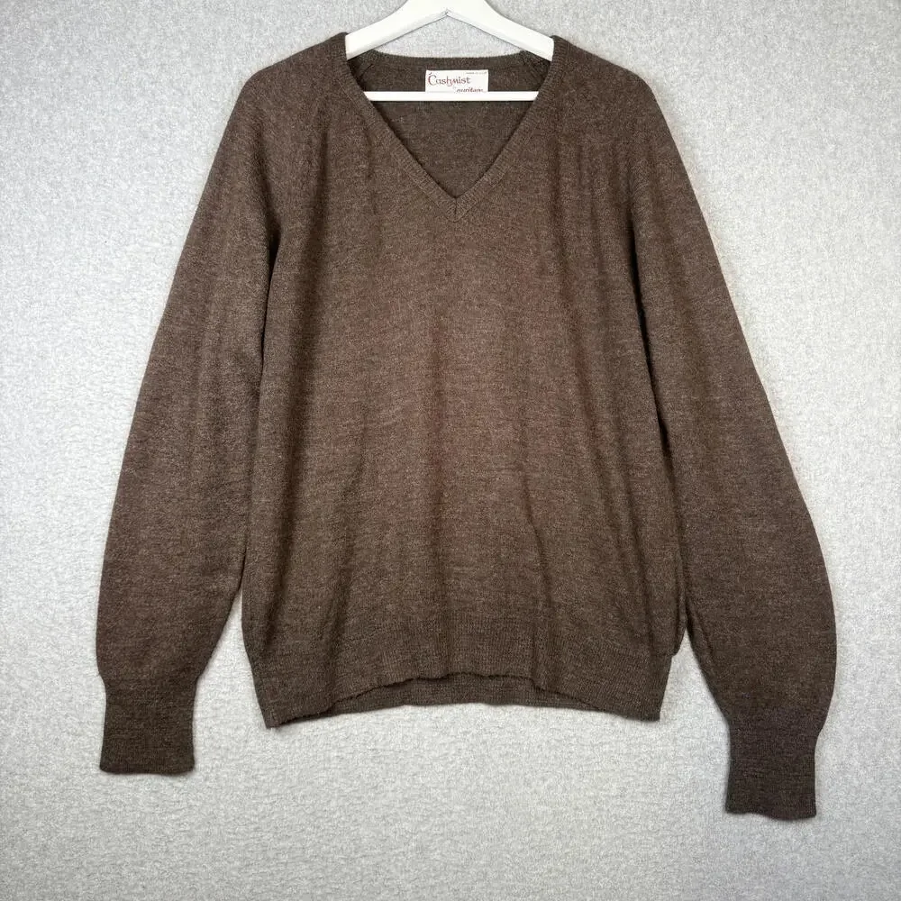 Vintage 80s Cashmist by Puritan Men's Size Medium Brown Wool V Neck Sweater